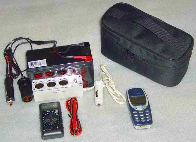 Типовой комплект: сумка, свинцовый гелевый герметичный аккумулятор, тройник прикуривателя, мультиметр, комплект проводов
